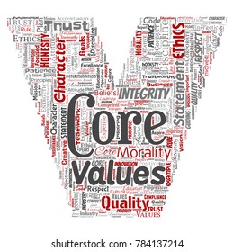 Vector conceptual core values integrity ethics letter font V concept word cloud isolated background. Collage of honesty quality trust, statement, character, perseverance, respect and trustworthy