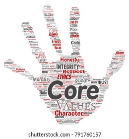 Vector conceptual core values integrity ethics hand print stamp concept word cloud isolated background. Collage of honesty quality trust, statement, character, perseverance, respect and trustworthy