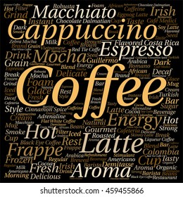 Vector conceptual creative hot coffee, cappuccino or espresso abstract square word cloud isolated on background metaphor to morning, restaurant, italian, beverage, cafeteria, break, energy or taste