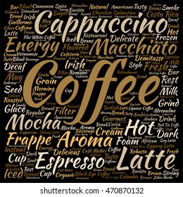 Vector conceptual creative hot coffee, cappuccino or espresso abstract square word cloud isolated on background metaphor to morning, restaurant, italian, beverage, cafeteria, break, energy or taste