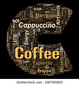 Vector creativo conceptual caliente mañana café italiano descanso capuchino o café expreso restaurante o cafetería letra fuente C bebida palabra nube aislado. Un texto conceptual sobre un toque de energía o bebida gustativa