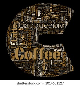 Vector conceptual creative hot morning italian coffee break cappuccino or espresso restaurant or cafeteria letter font C beverage word cloud isolated. A splash of energy or taste drink concept text