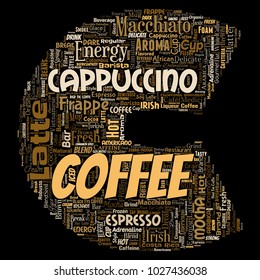Vector conceptual creative hot morning italian coffee break cappuccino or espresso restaurant or cafeteria letter font C beverage word cloud isolated. A splash of energy or taste drink concept text