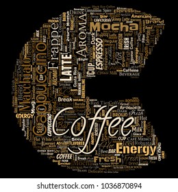 Vector conceptual creative hot morning italian coffee break cappuccino or espresso restaurant or cafeteria letter font C beverage word cloud isolated. A splash of energy or taste drink concept text