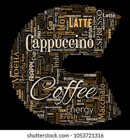 Vector conceptual creative hot morning italian coffee break cappuccino or espresso restaurant or cafeteria letter font C beverage word cloud isolated. A splash of energy or taste drink concept text