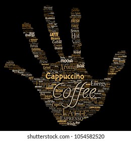 Vector creativo conceptual caliente mañana café italiano descanso capuchino o café expreso restaurante o cafetería sellado a mano bebida de marca de la palabra nube aislado. Un texto conceptual sobre un toque de energía o bebida gustativa