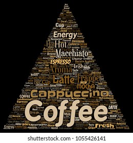 Vector conceptual creative hot morning italian coffee break cappuccino or espresso restaurant or cafeteria triangle arrow beverage word cloud isolated. A splash of energy or taste drink concept text