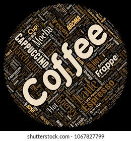 Vector conceptual creative hot morning italian coffee break cappuccino or espresso restaurant or cafeteria round circle red beverage word cloud isolated. A splash of energy or taste drink concept text