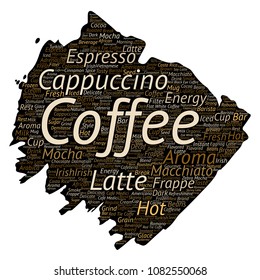 Vector conceptual creative hot morning italian coffee break, cappuccino or espresso restaurant or cafeteria brush or paper beverage word cloud isolated. A splash of energy or taste drink concept text