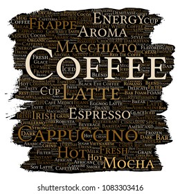 Vector conceptual creative hot morning italian coffee break, cappuccino or espresso restaurant or cafeteria brush or paper beverage word cloud isolated. A splash of energy or taste drink concept text