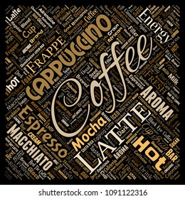 Vector conceptual creative hot morning italian coffee break cappuccino or espresso restaurant or cafeteria square red beverage word cloud isolated. A splash of energy or taste drink concept text