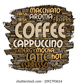 Vector conceptual creative hot morning italian coffee break, cappuccino or espresso restaurant or cafeteria brush or paper beverage word cloud isolated. A splash of energy or taste drink concept text