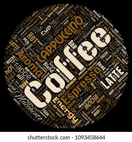 Vector conceptual creative hot morning italian coffee break cappuccino or espresso restaurant or cafeteria round circle red beverage word cloud isolated. A splash of energy or taste drink concept text