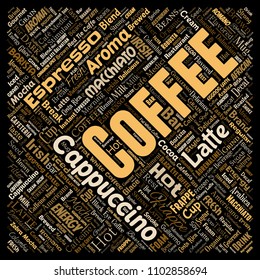 Vector conceptual creative hot morning italian coffee break cappuccino or espresso restaurant or cafeteria square red beverage word cloud isolated. A splash of energy or taste drink concept text