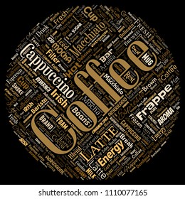 Vector conceptual creative hot morning italian coffee break cappuccino or espresso restaurant or cafeteria round circle red beverage word cloud isolated. A splash of energy or taste drink concept text