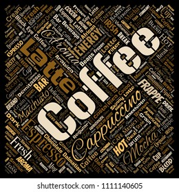Vector conceptual creative hot morning italian coffee break cappuccino or espresso restaurant or cafeteria square red beverage word cloud isolated. A splash of energy or taste drink concept text