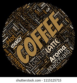 Vector conceptual creative hot morning italian coffee break cappuccino or espresso restaurant or cafeteria round circle red beverage word cloud isolated. A splash of energy or taste drink concept text
