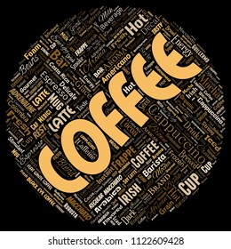 Vector conceptual creative hot morning italian coffee break cappuccino or espresso restaurant or cafeteria round circle red beverage word cloud isolated. A splash of energy or taste drink concept text