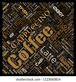 Vector conceptual creative hot morning italian coffee break cappuccino or espresso restaurant or cafeteria square red beverage word cloud isolated. A splash of energy or taste drink concept text