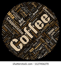 Vector conceptual creative hot morning italian coffee break cappuccino or espresso restaurant or cafeteria round circle red beverage word cloud isolated. A splash of energy or taste drink concept text