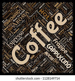 Vector conceptual creative hot morning italian coffee break cappuccino or espresso restaurant or cafeteria square red beverage word cloud isolated. A splash of energy or taste drink concept text