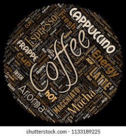 Vector conceptual creative hot morning italian coffee break cappuccino or espresso restaurant or cafeteria round circle red beverage word cloud isolated. A splash of energy or taste drink concept text