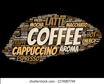 Vector creativo conceptual caliente mañana descanso de café italiano, capuchino o espresso restaurante o cafetería bebidas abstractas nube de palabras aisladas en el fondo. Un texto conceptual de la bebida energética o gustativa