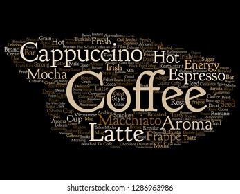 Vector conceptual creative hot morning italian coffee break, cappuccino or espresso restaurant or cafeteria abstract beverage word cloud isolated on background. An energy or taste drink concept text