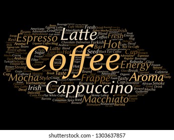 Vector conceptual creative hot morning italian coffee break, cappuccino or espresso restaurant or cafeteria abstract beverage word cloud isolated on background. An energy or taste drink concept text