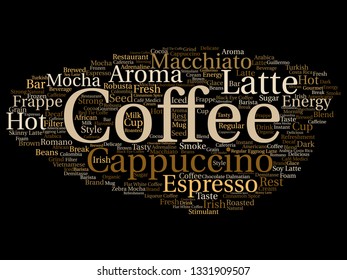 Vector conceptual creative hot morning italian coffee break, cappuccino or espresso restaurant or cafeteria abstract beverage word cloud isolated on background. An energy or taste drink concept text