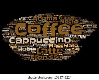 Vector conceptual creative hot morning italian coffee break, cappuccino or espresso restaurant or cafeteria abstract beverage word cloud isolated on background. An energy or taste drink concept text