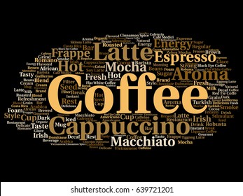 Vector conceptual creative hot morning italian coffee break, cappuccino or espresso restaurant or cafeteria abstract beverage word cloud isolated on background. An energy or taste drink concept text