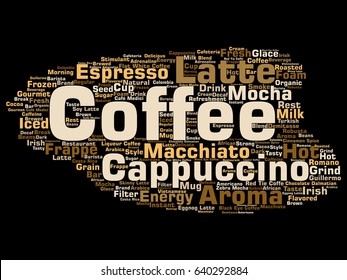 Vector conceptual creative hot morning italian coffee break, cappuccino or espresso restaurant or cafeteria abstract beverage word cloud isolated on background. An energy or taste drink concept text