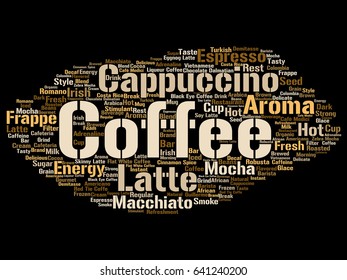 Vector conceptual creative hot morning italian coffee break, cappuccino or espresso restaurant or cafeteria abstract beverage word cloud isolated on background. An energy or taste drink concept text