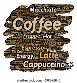 Vector conceptual creative hot morning italian coffee break, cappuccino or espresso restaurant or cafeteria brush or paper beverage word cloud isolated. A splash of energy or taste drink concept text