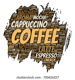 Vector conceptual creative hot morning italian coffee break, cappuccino or espresso restaurant or cafeteria brush or paper beverage word cloud isolated. A splash of energy or taste drink concept text