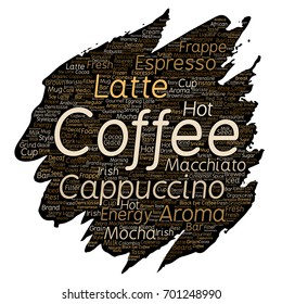 Vector conceptual creative hot morning italian coffee break, cappuccino or espresso restaurant or cafeteria brush or paper beverage word cloud isolated. A splash of energy or taste drink concept text