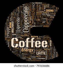 Vector conceptual creative hot morning italian coffee break cappuccino or espresso restaurant or cafeteria letter font C beverage word cloud isolated. A splash of energy or taste drink concept text