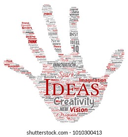 Vector conceptual creative idea brainstorming human hand print stamp word cloud isolated background. Collage of spark creativity original, innovation vision, think, achievement or smart genius concept