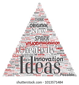 Vector conceptual creative idea brainstorming human triangle arrow word cloud isolated background. Collage of spark creativity original, innovation vision, think, achievement or smart genius concept
