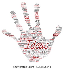 Vector conceptual creative idea brainstorming human hand print stamp word cloud isolated background. Collage of spark creativity original, innovation vision, think, achievement or smart genius concept