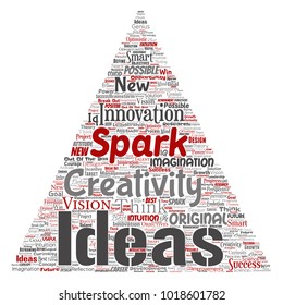 Vector conceptual creative idea brainstorming human triangle arrow word cloud isolated background. Collage of spark creativity original, innovation vision, think, achievement or smart genius concept