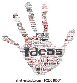 Vector conceptual creative idea brainstorming human hand print stamp word cloud isolated background. Collage of spark creativity original, innovation vision, think, achievement or smart genius concept