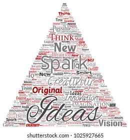 Vector conceptual creative idea brainstorming human triangle arrow word cloud isolated background. Collage of spark creativity original, innovation vision, think, achievement or smart genius conceptt