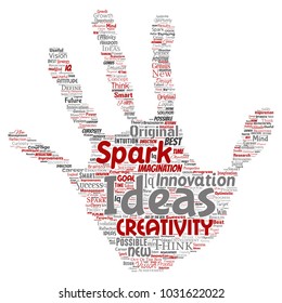 Vector conceptual creative idea brainstorming human hand print stamp word cloud isolated background. Collage of spark creativity original, innovation vision, think, achievement or smart genius concept