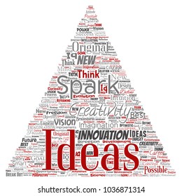 Vector conceptual creative idea brainstorming human triangle arrow word cloud isolated background. Collage of spark creativity original, innovation vision, think, achievement or smart genius concept
