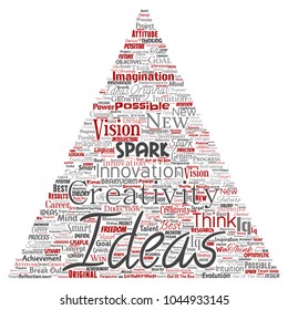 Vector conceptual creative idea brainstorming human triangle arrow word cloud isolated background. Collage of spark creativity original, innovation vision, think, achievement or smart genius concept