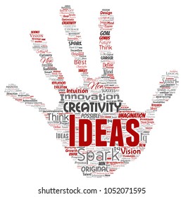 Vector conceptual creative idea brainstorming human hand print stamp word cloud isolated background. Collage of spark creativity original, innovation vision, think, achievement or smart genius concept
