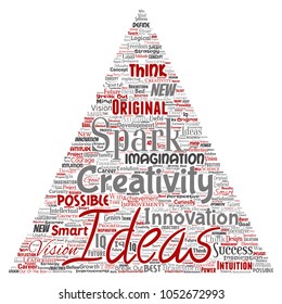 Vector conceptual creative idea brainstorming human triangle arrow word cloud isolated background. Collage of spark creativity original, innovation vision, think, achievement or smart genius concept
