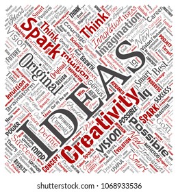 Vector conceptual creative idea brainstorming human square red word cloud isolated background. Collage of spark creativity original, innovation vision, think, achievement or smart genius concept